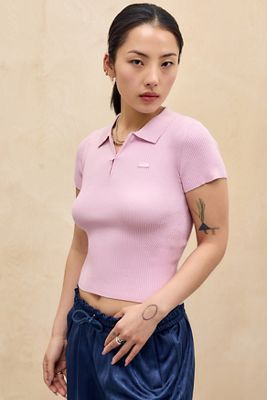 iets frans... Ribbed Zip-Neck Short Sleeve Top