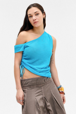 UO Sheer Asymmetric Top - Blue S at Urban Outfitters