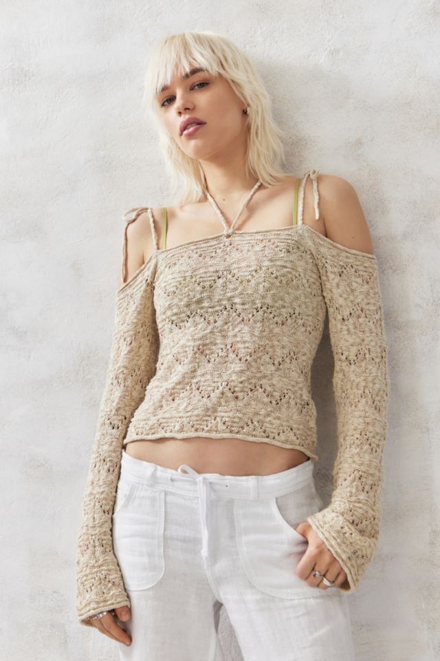 UO Pointelle Cold Shoulder Tie Knit Top | Urban Outfitters UK