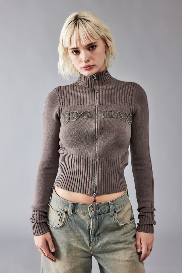 BDG Zip-Through Distressed Applique Knit Track Top  #1