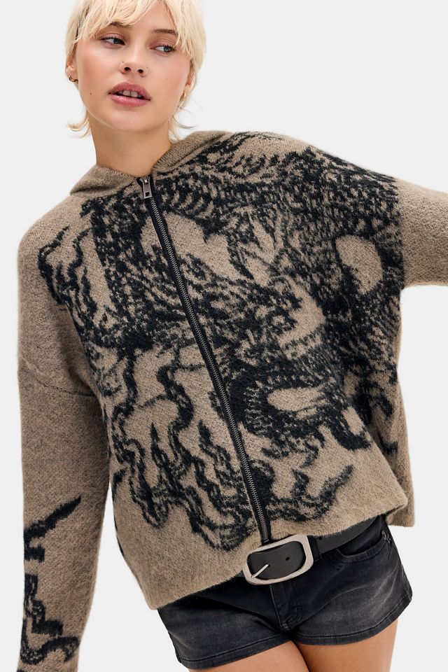 UO Gebürsteter Strick-Kapuzenpullover mit Drachenmuster und durchgehendem Zip-Reißverschluss #2