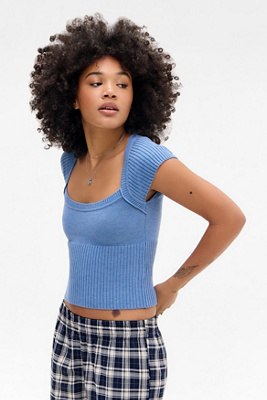 UO Scoop Neck Cap Sleeve Knit Top - Blue XS at Urban Outfitters
