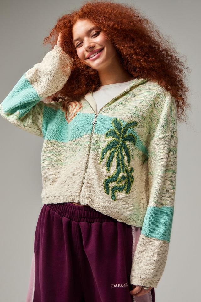 UO Festival Palm Tree Knit Zip Up Hoodie
