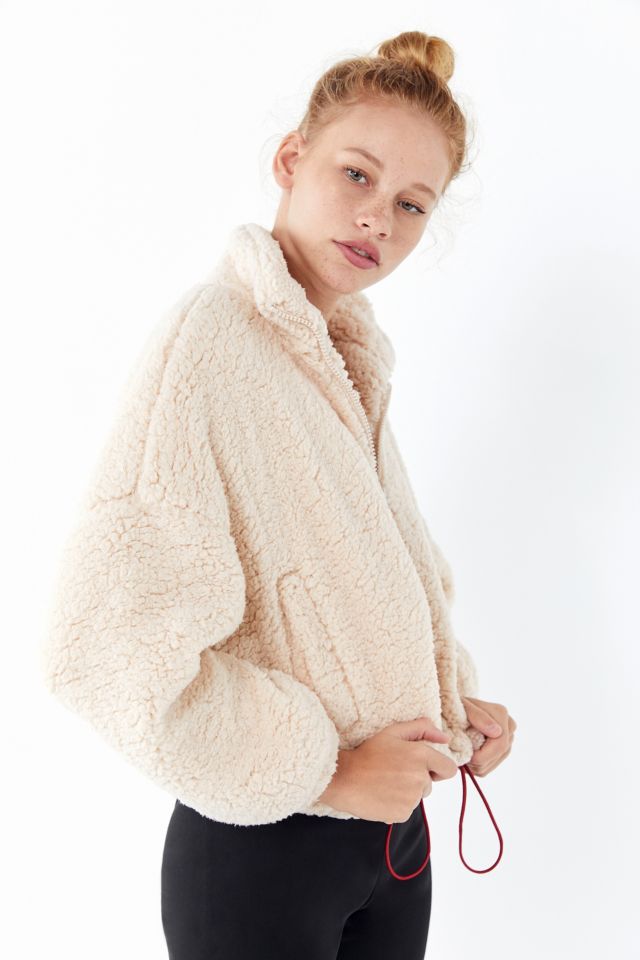 UO Willow Fuzzy Cream Drawstring Teddy Jacket Urban Outfitters UK