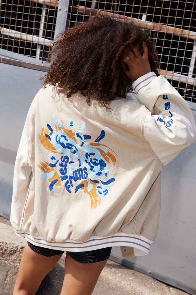 iets frans... Recycled Ecru Denim Embroidered Varsity Jacket #4