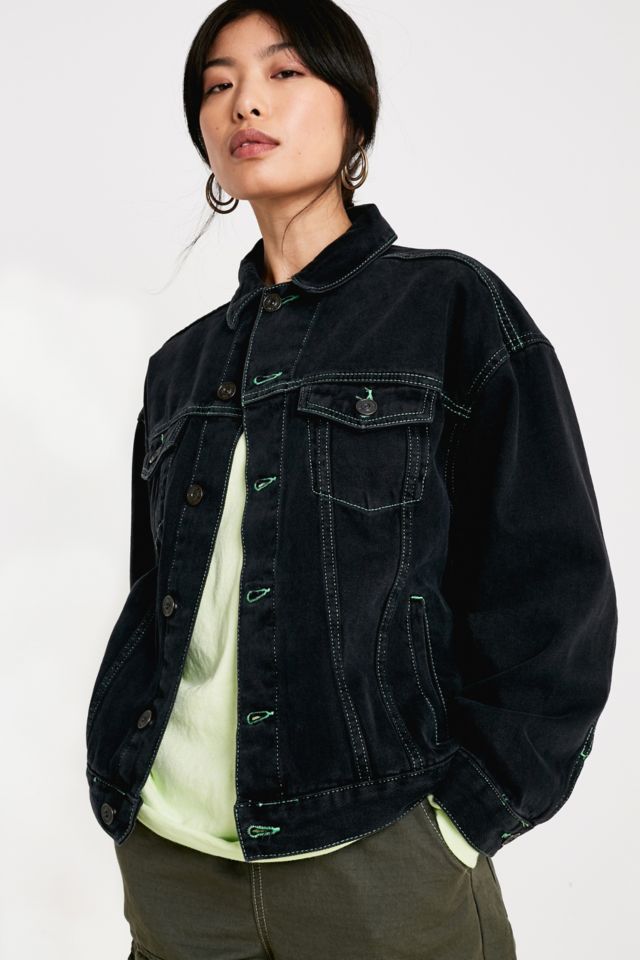 UO Black Neon Stitch Western Trucker Jacket | Urban Outfitters UK