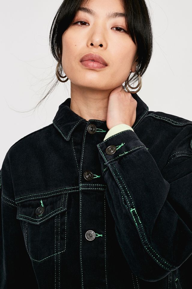UO Black Neon Stitch Western Trucker Jacket #1