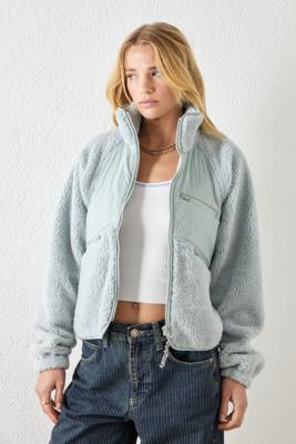 BDG Boxy Woven Zip-Up Fleece - Green XS at Urban Outfitters