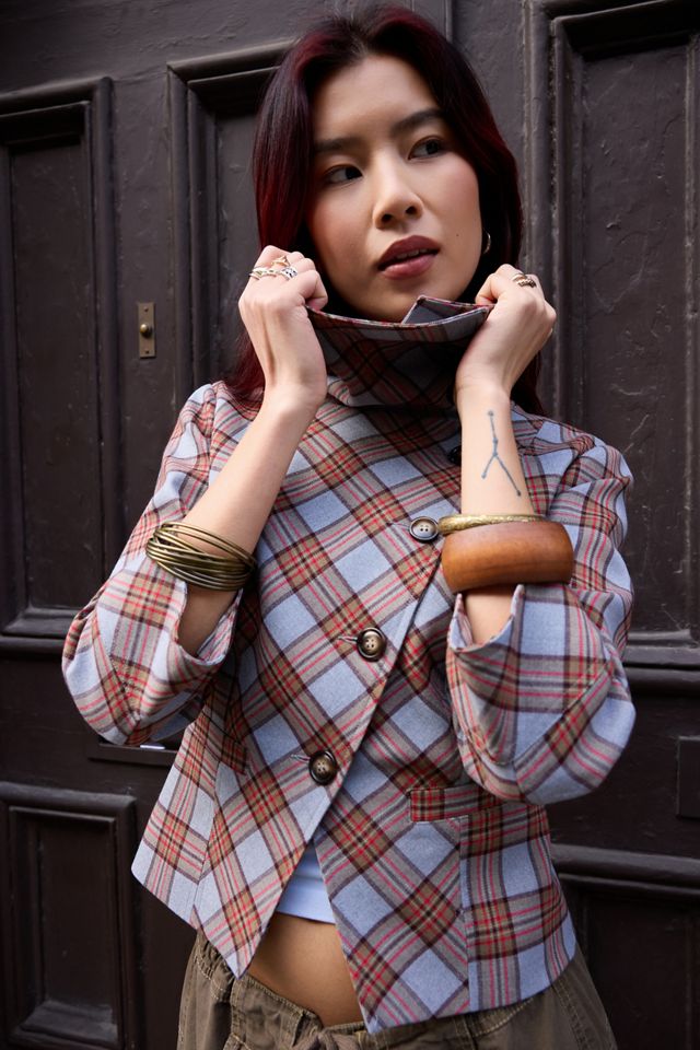 UO Etta Check Asymmetric Pea Coat #3