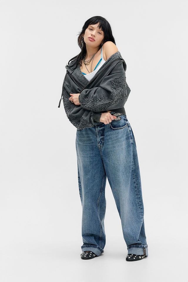 Silence + Noise Grey Appliqué Cropped Zip-Through Hoodie #1