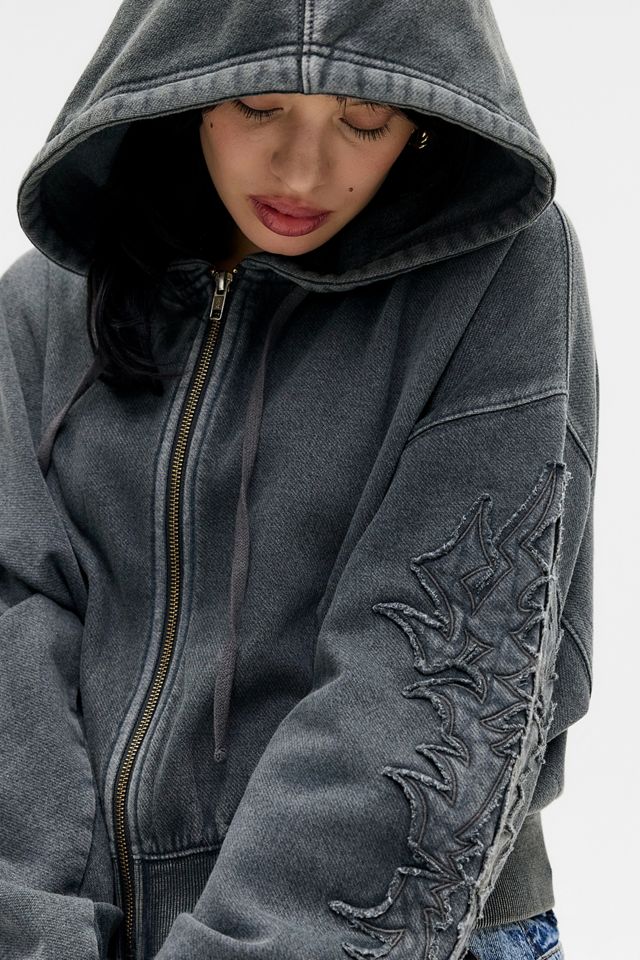 Silence + Noise Grey Appliqué Cropped Zip-Through Hoodie #2