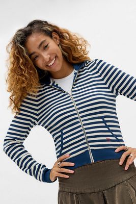 BDG Navy Iris Stripe Zip-Through Hoodie