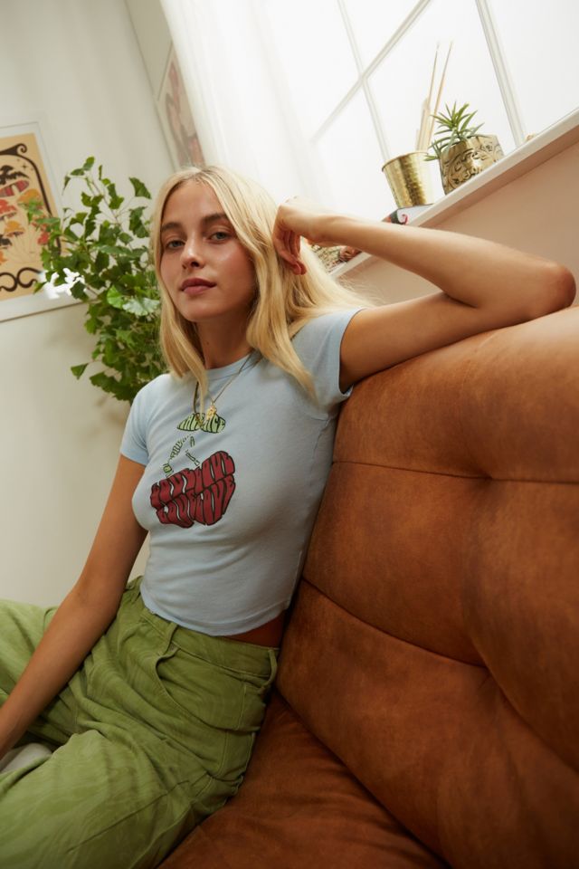 UO Blue Peace Love Cherry Baby T Shirt Urban Outfitters UK