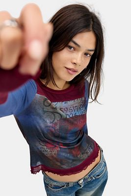 UO Mesh Print Long Sleeve Top