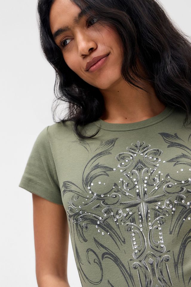 T-shirt court UO kaki avec croix en strass #2