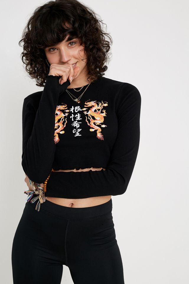 UO Dragon Print Long-Sleeve Lettuce Edge Top