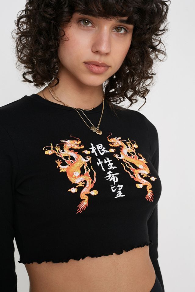 UO Dragon Print Long-Sleeve Lettuce Edge Top #1