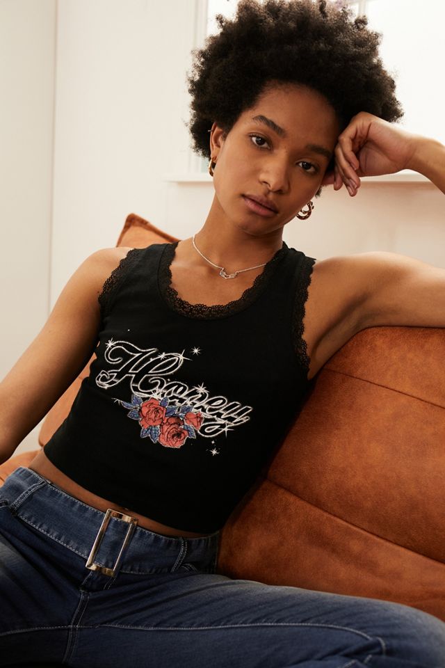 UO Black Honey Diamante Lace Trim Vest Urban Outfitters UK