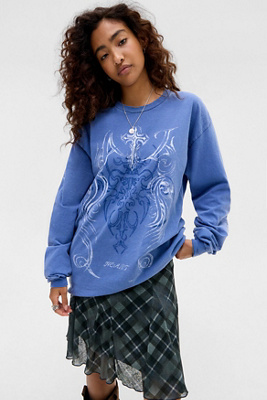 UO Tattoo Print Grunge Long Sleeve Skate T-Shirt - Blue M/L at Urban Outfitters