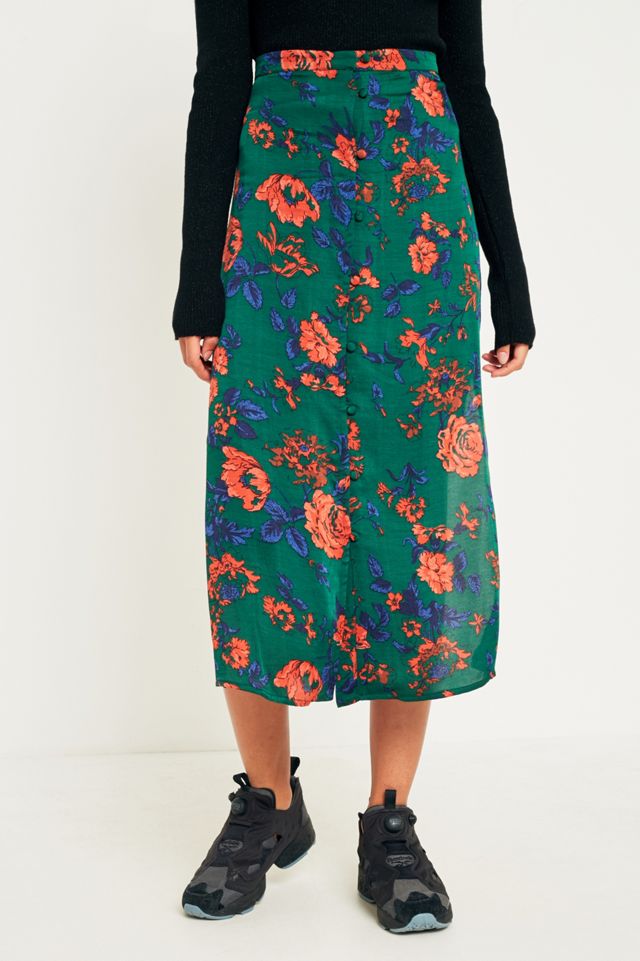 UO Green Floral Button-Down Midi Skirt #1