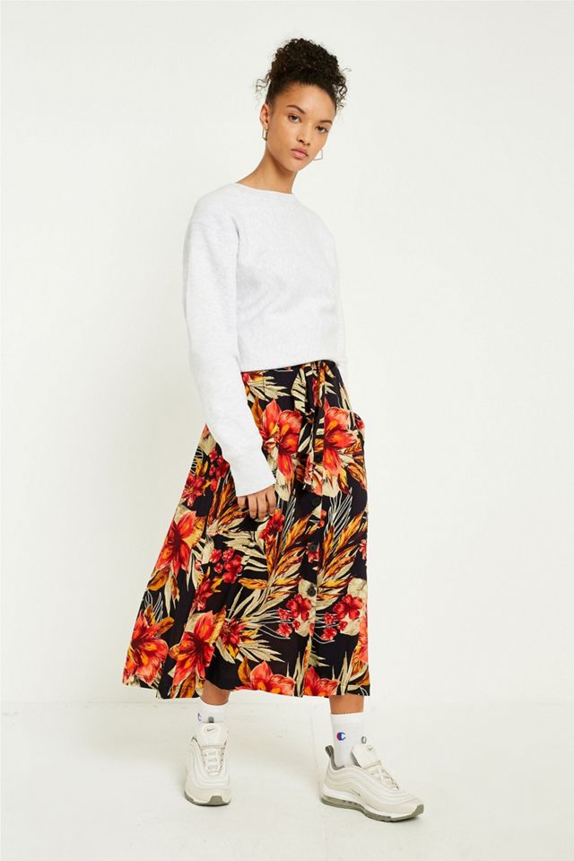 UO Hawaiian Black Belted Midi Skirt #1