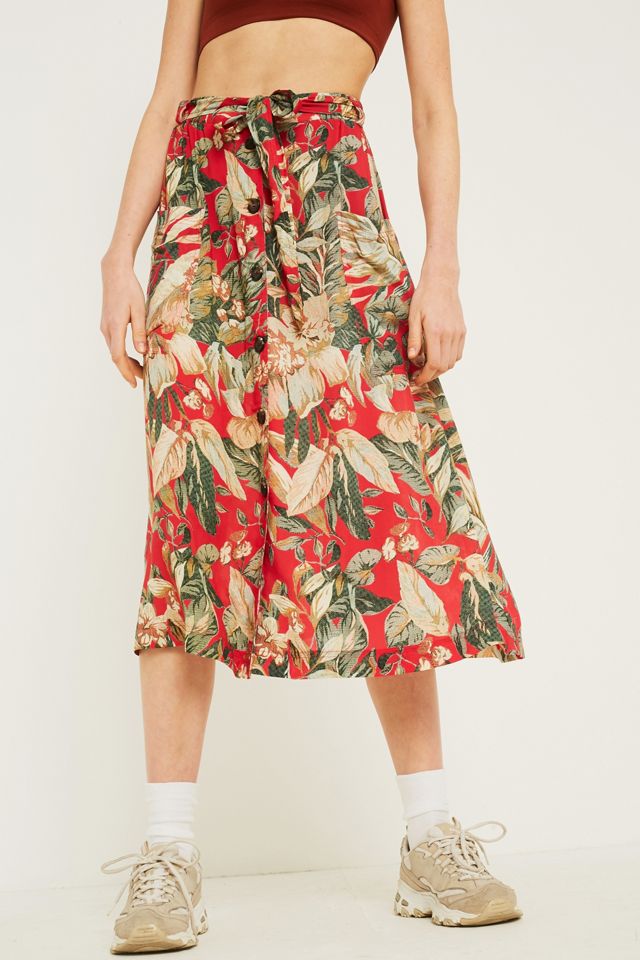 UO Tropical Leaf Button-Through Midi Skirt #1