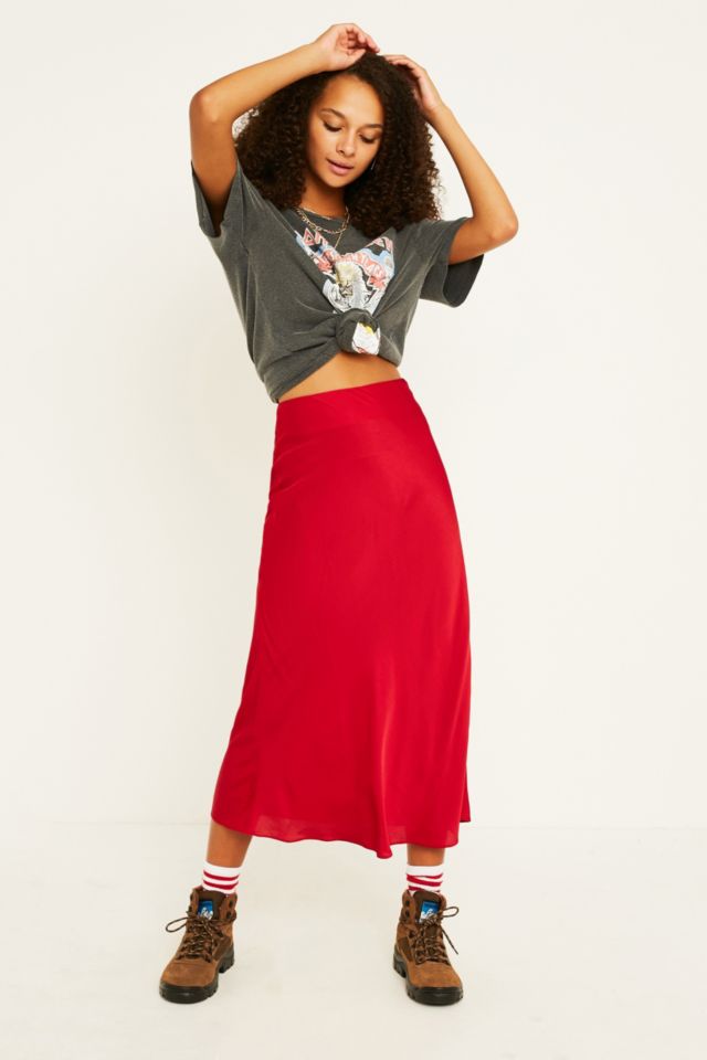 UO Red Satin Bias Cut Midi Skirt