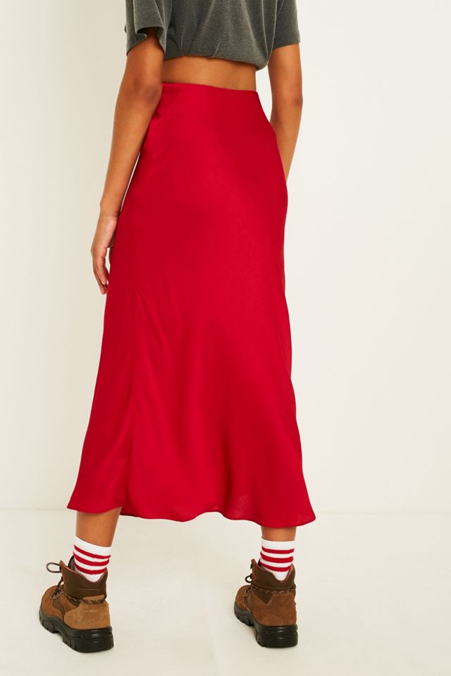 UO Red Satin Bias-Cut Midi Skirt #4