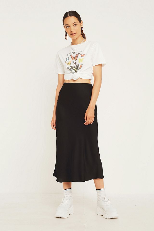 UO Black Satin Bias-Cut Midi Skirt | Urban Outfitters UK