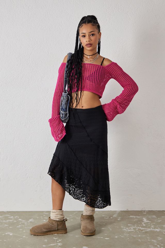 UO Black Textured Asymmetric Midi Skirt  #2