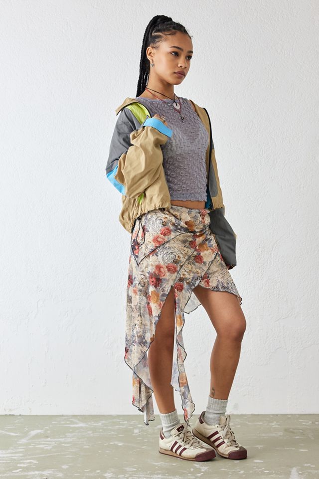 UO Beige Floral Mesh Asymmetrical Spliced Mesh Mini Skirt #1