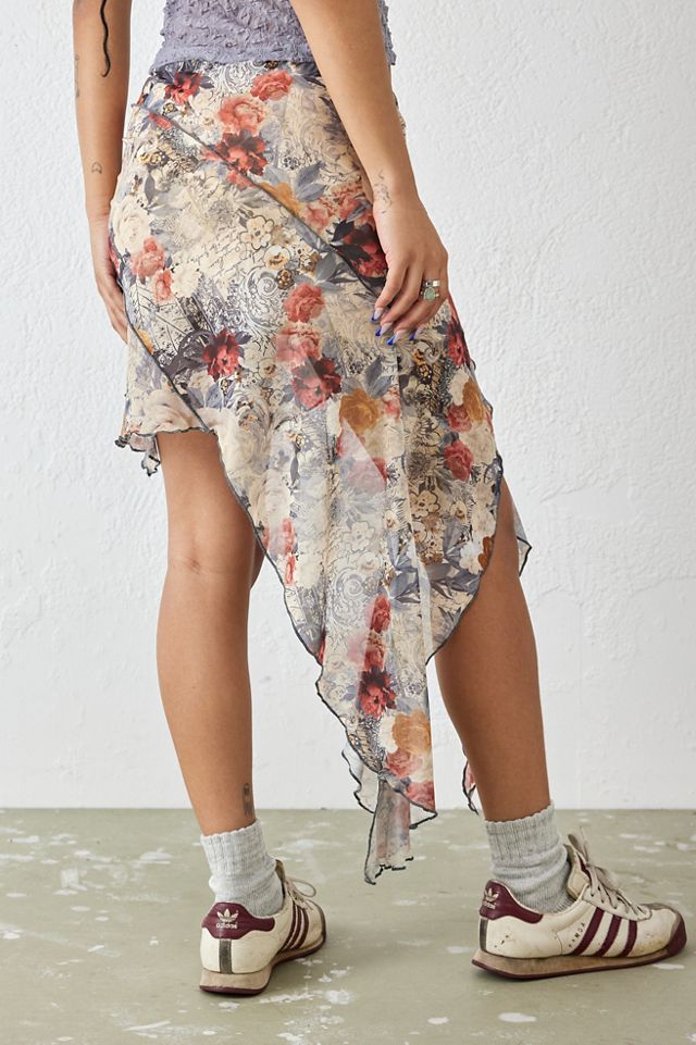 UO Beige Floral Mesh Asymmetrical Spliced Mesh Mini Skirt #2
