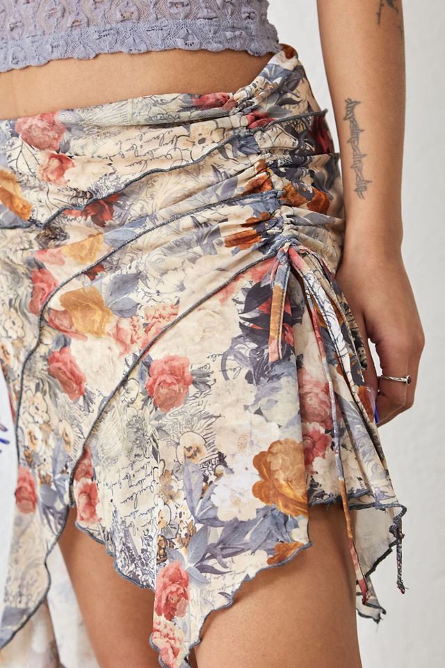 UO Beige Floral Mesh Asymmetrical Spliced Mesh Mini Skirt #3