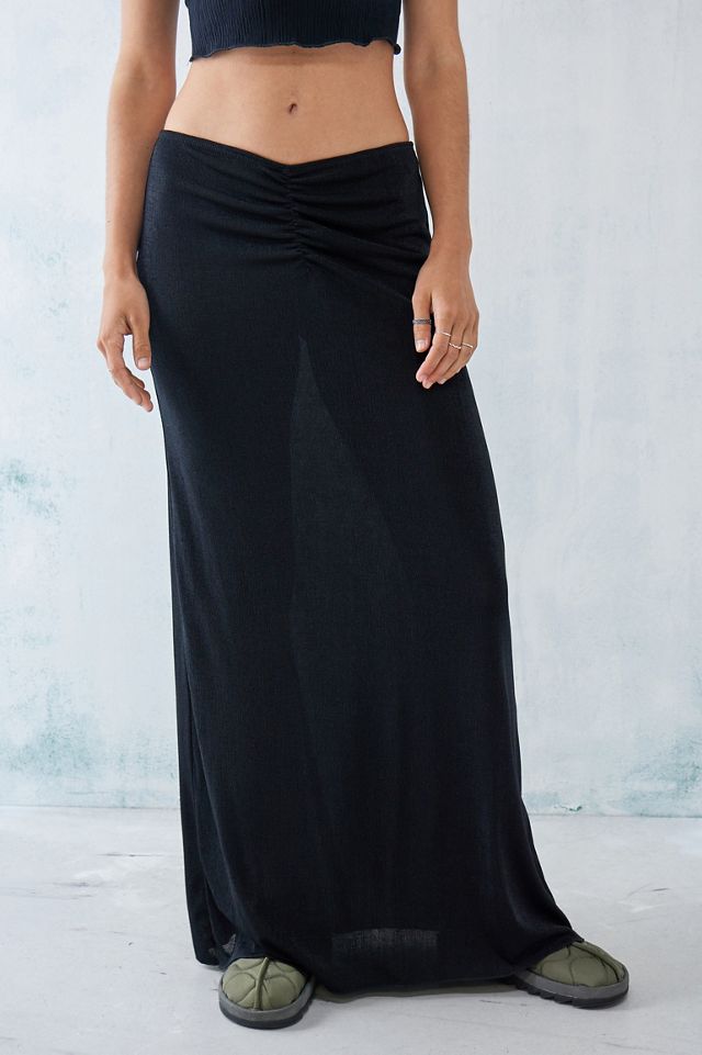 UO Black Ruched Slinky Column Maxi Skirt  #1