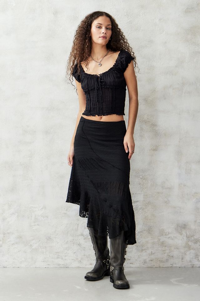 UO Black Asymmetrical Textured Prairie Midi Skirt #1