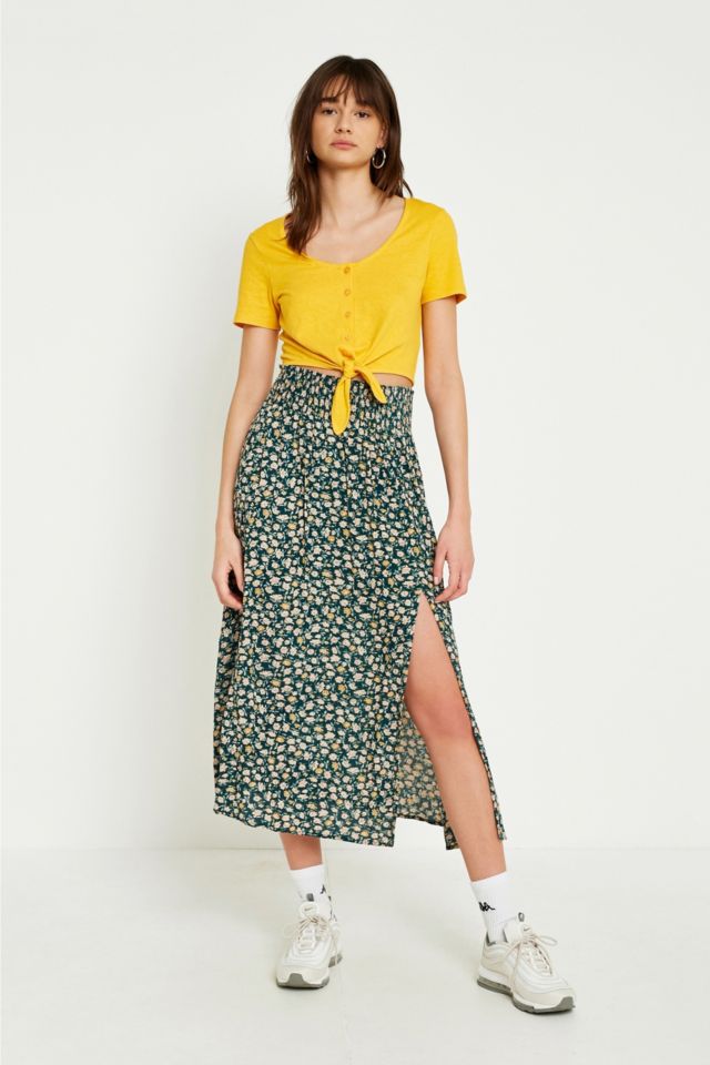 UO Green Ditsy Floral Crinkle Midi Skirt Urban Outfitters UK