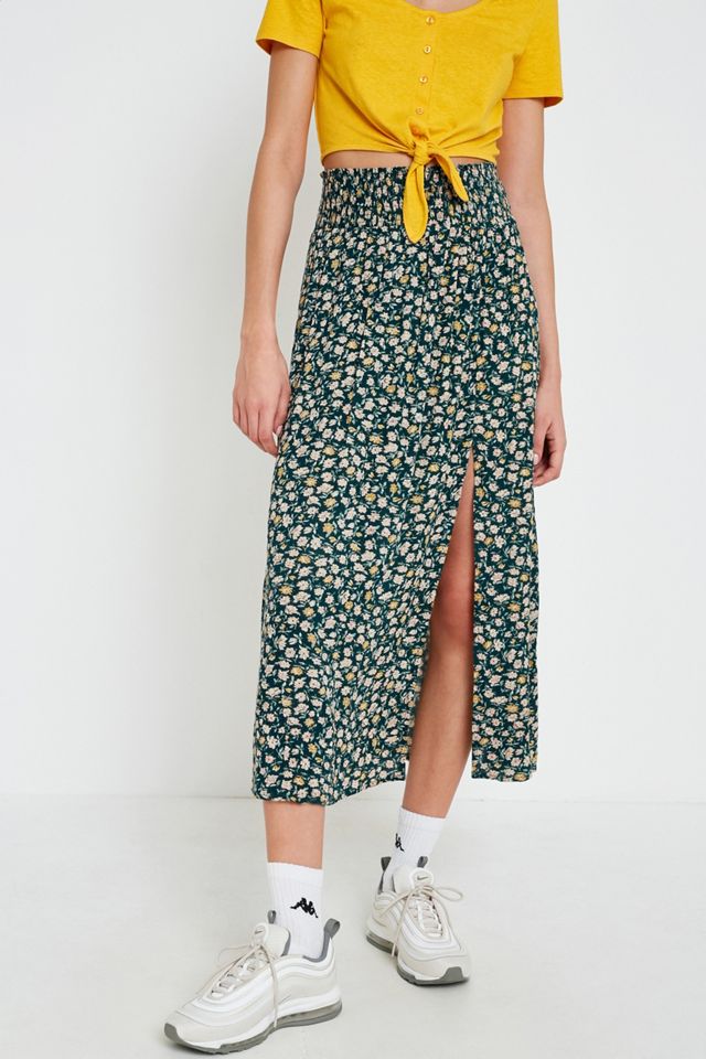 UO Green Ditsy Floral Crinkle Midi Skirt #2
