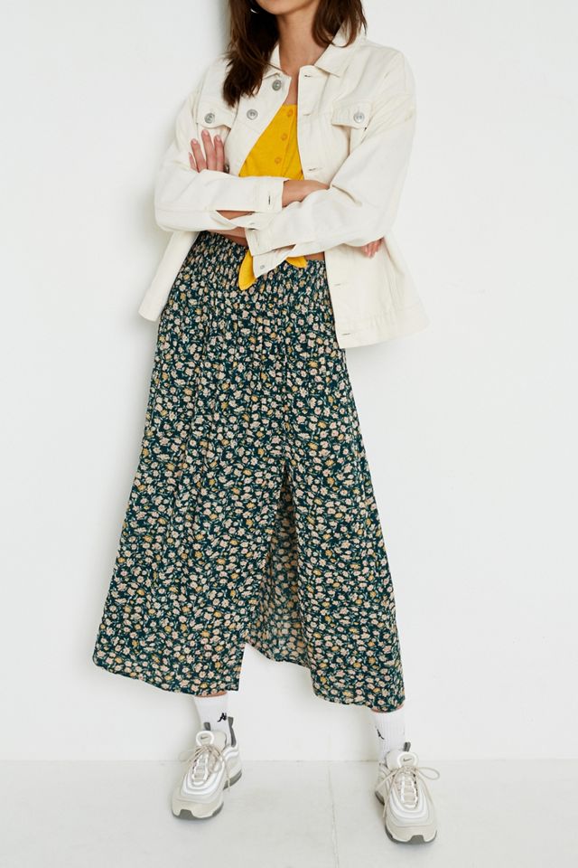 UO Green Ditsy Floral Crinkle Midi Skirt #5