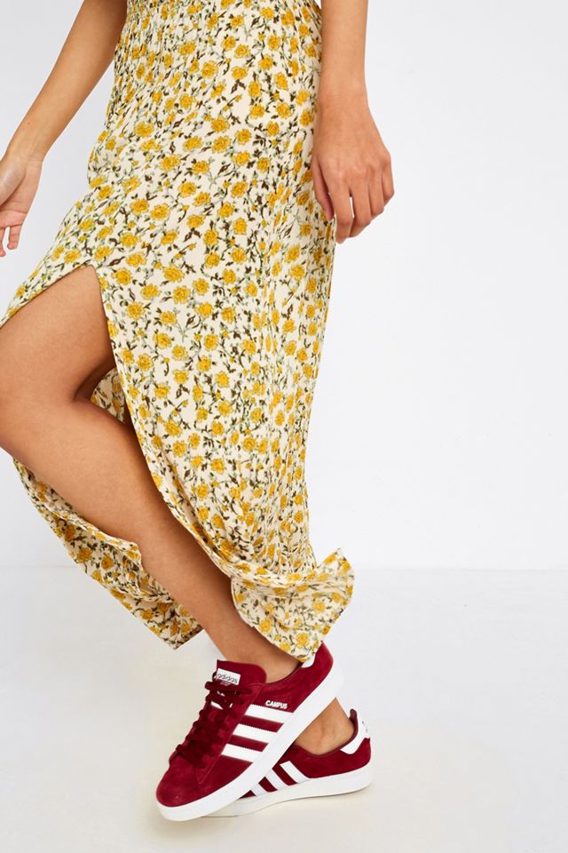 UO Yellow Floral Check Print Crinkle Midi Skirt #1