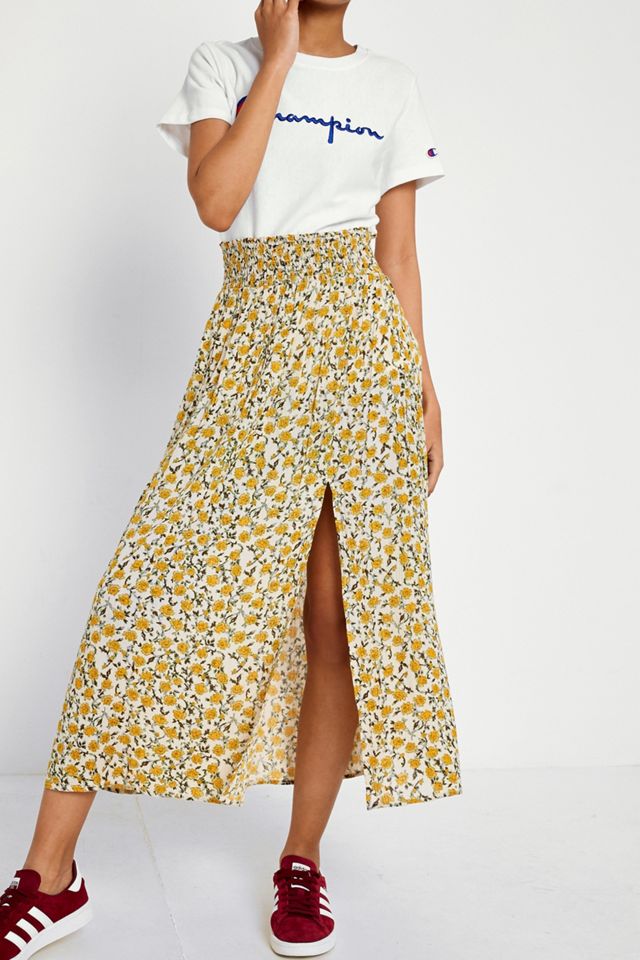 UO Yellow Floral Check Print Crinkle Midi Skirt #2