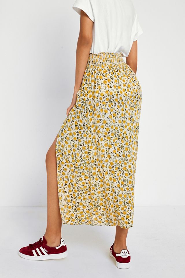 UO Yellow Floral Check Print Crinkle Midi Skirt #4