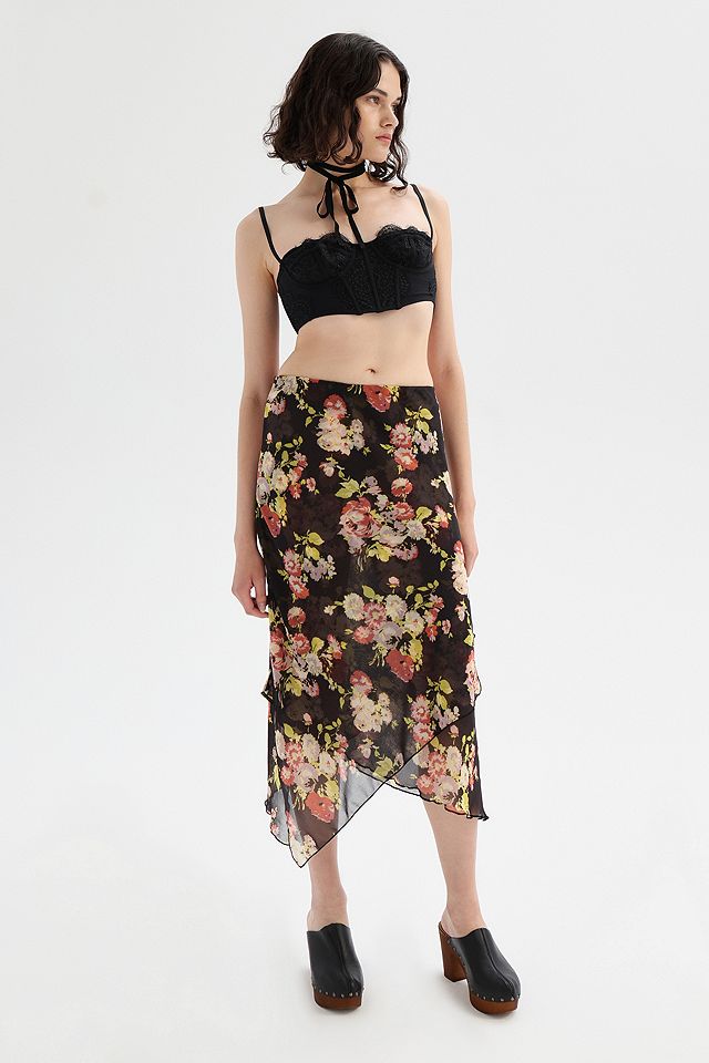 UO Marisol Black Floral Hanky Hem Midi Skirt | Urban Outfitters UK