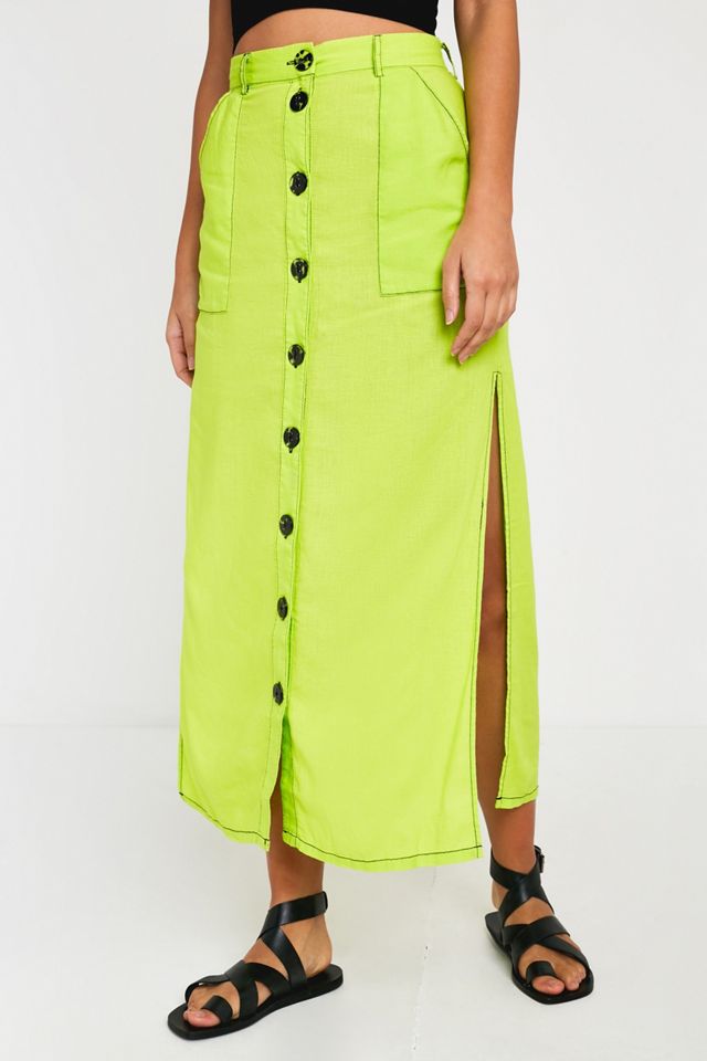 UO Lindsey Bright Green Button-Through Slit Utility Skirt #1