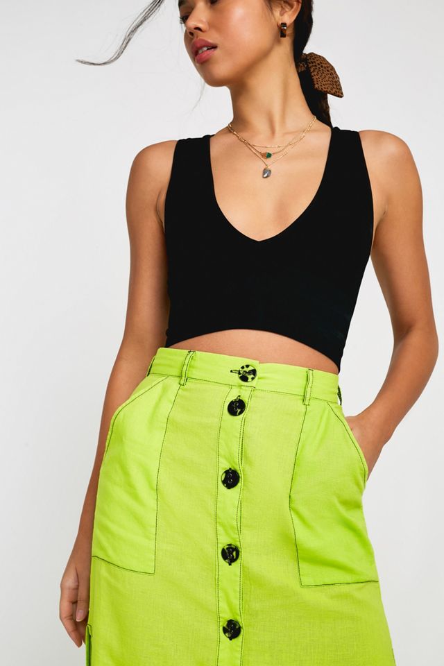 UO Lindsey Bright Green Button-Through Slit Utility Skirt #2
