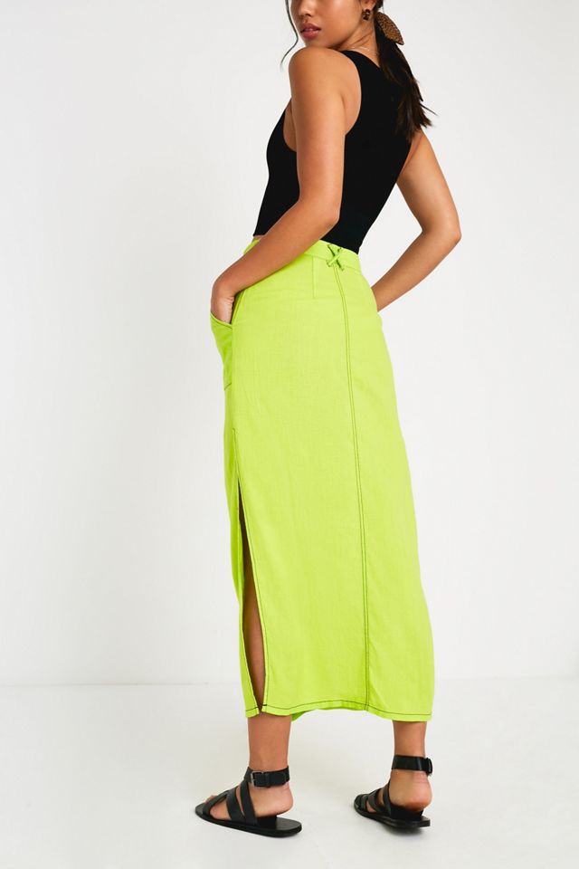 UO Lindsey Bright Green Button-Through Slit Utility Skirt #3