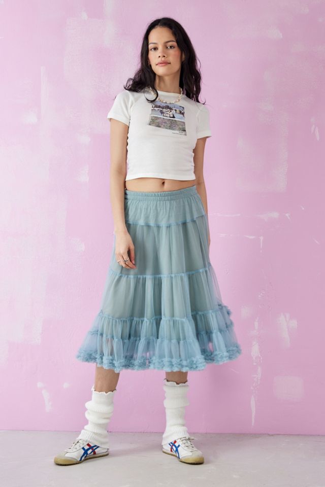 UO Dusty Blue Tulle Midi Skirt #1