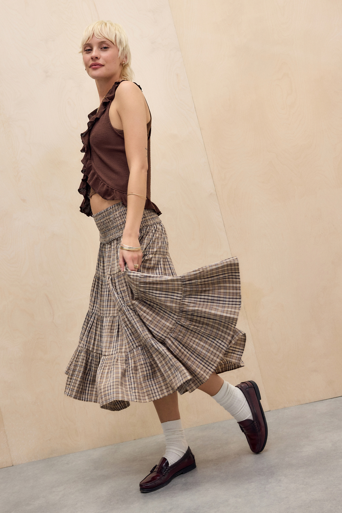 BDG Bea Check Midi Skirt