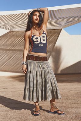 Kimchi Blue Bea Check Crinkle Midi Skirt