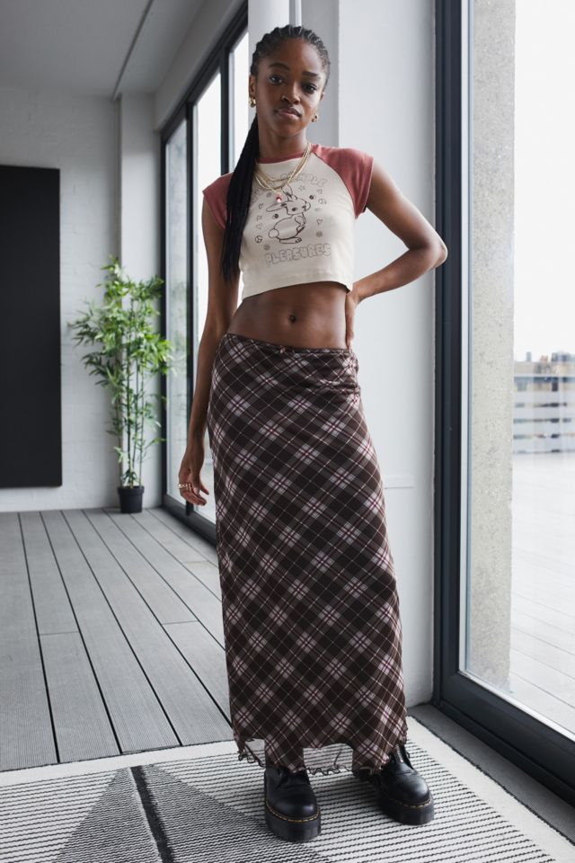 UO Brown Low Rise Check-Print Mesh Maxi Skirt