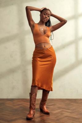 UO Cut-Out Waist Satin Midi Skirt | Urban Outfitters UK